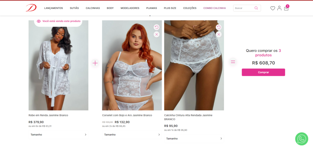 Foto da página de produtos do novo site da Duloren na hora da compra